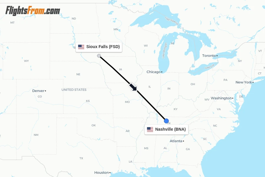 Flights from Sioux Falls to Nashville route map