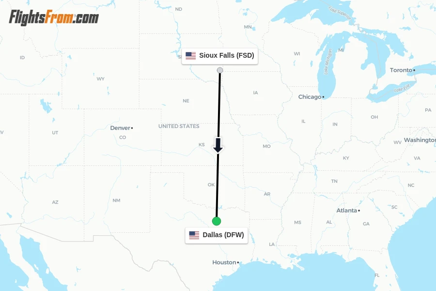 Flights from Sioux Falls to Dallas route map