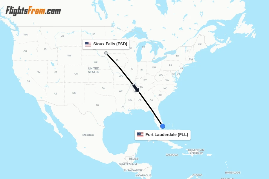 Flights from Sioux Falls to Fort Lauderdale route map