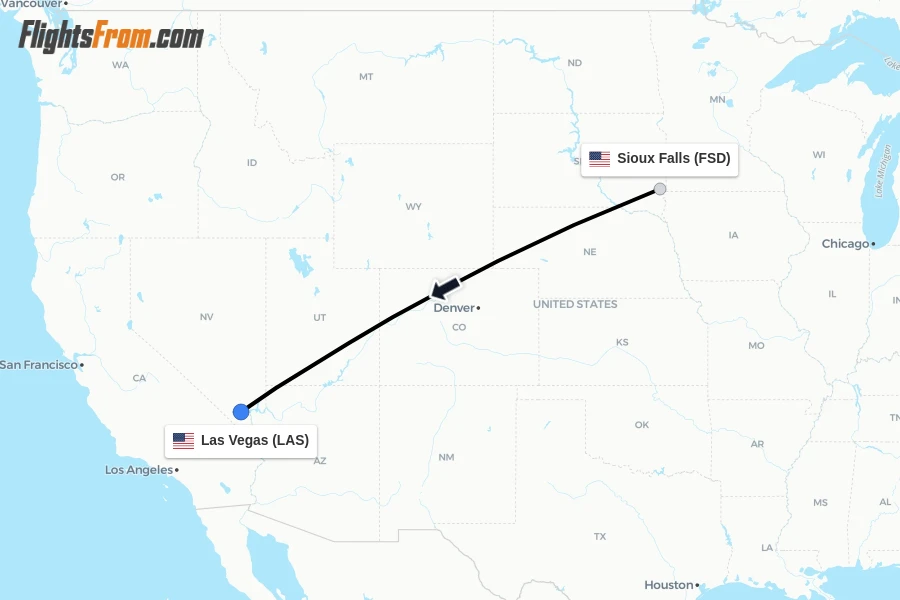 Flights from Sioux Falls to Las Vegas route map