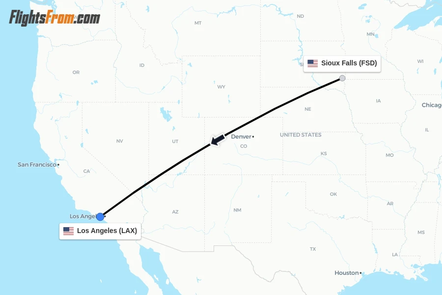 Flights from Sioux Falls to Los Angeles route map