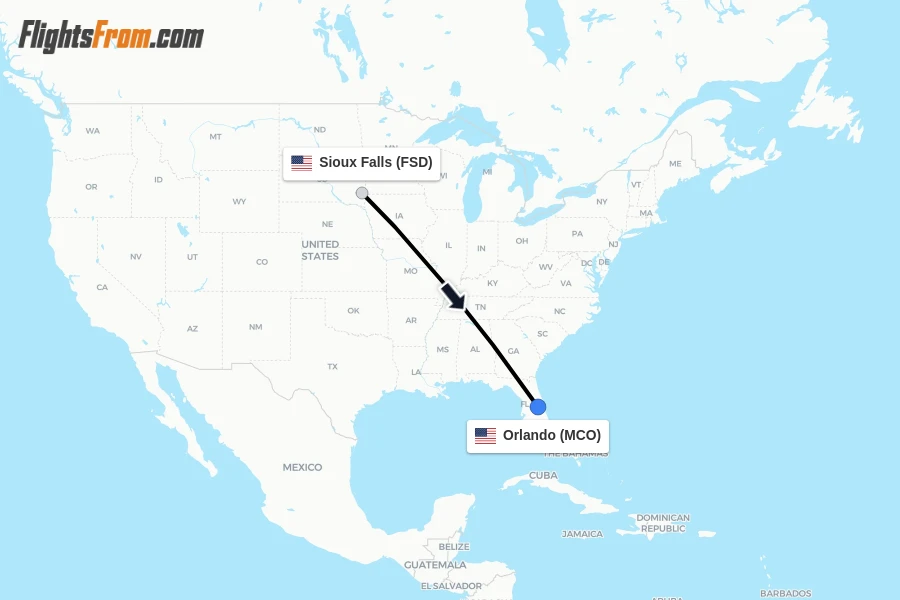 Flights from Sioux Falls to Orlando route map