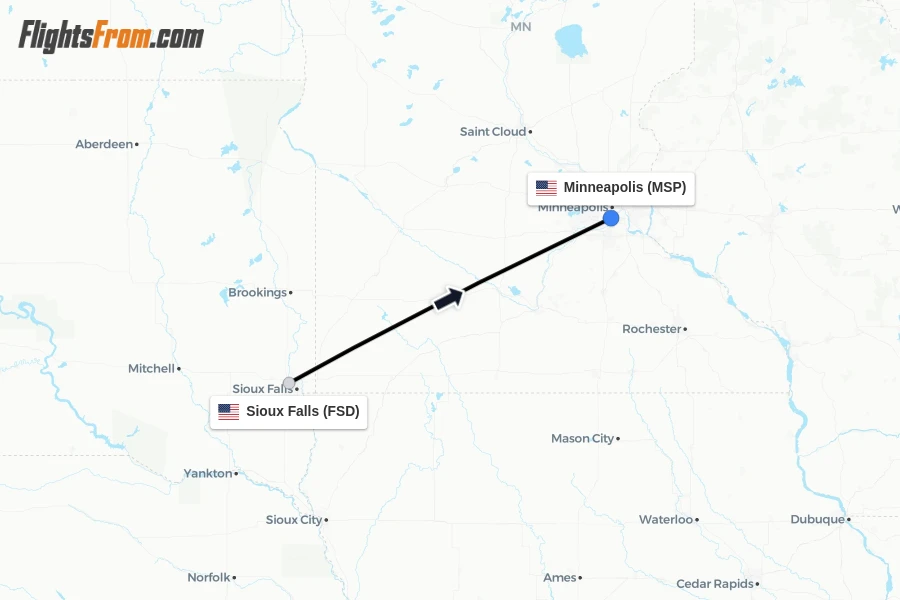 Flights from Sioux Falls to Minneapolis route map