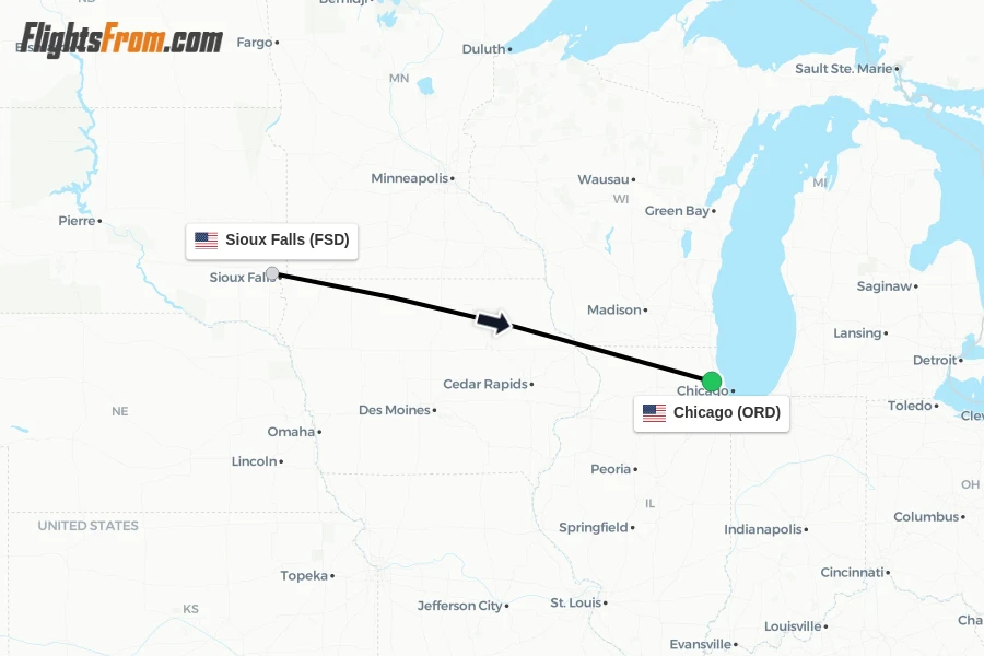 Flights from Sioux Falls to Chicago route map