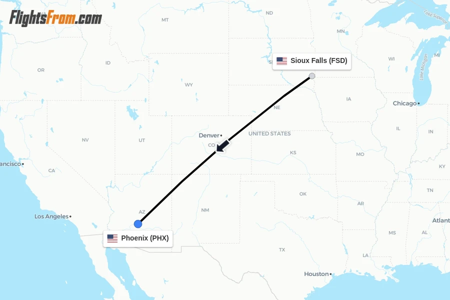 Flights from Sioux Falls to Phoenix route map