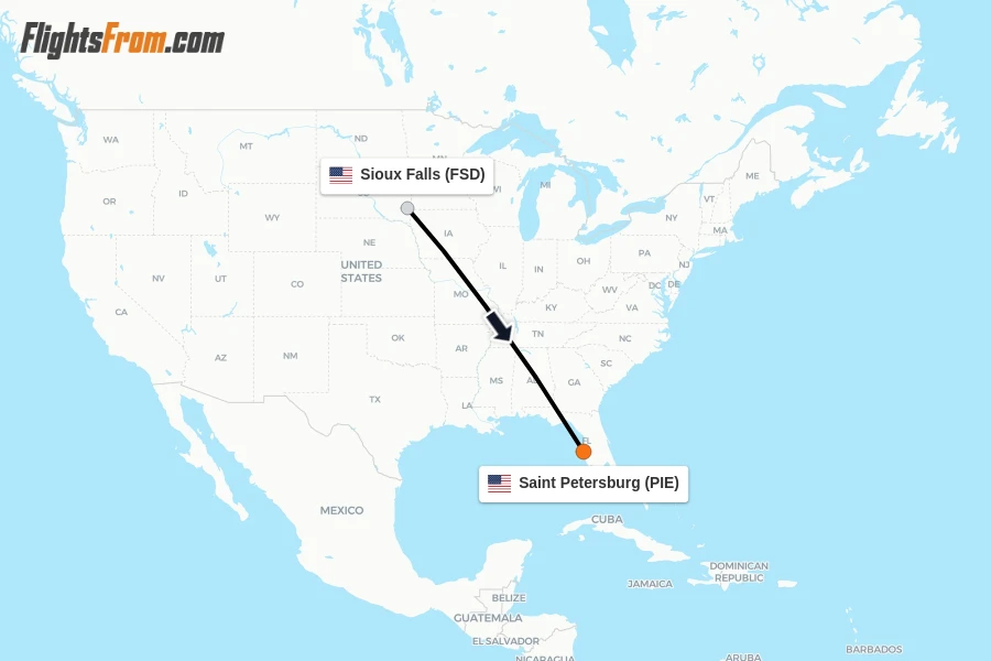 Flights from Sioux Falls to Saint Petersburg route map