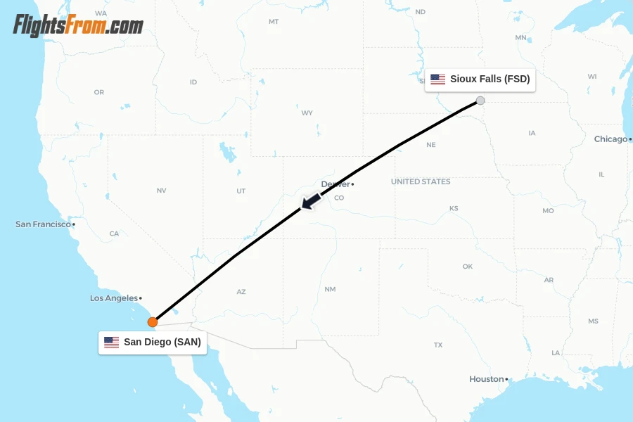 Flights from Sioux Falls to San Diego route map