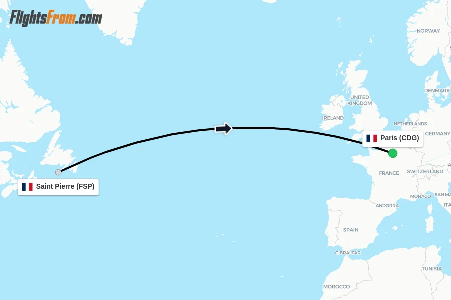 Flights from Saint Pierre to Paris route map