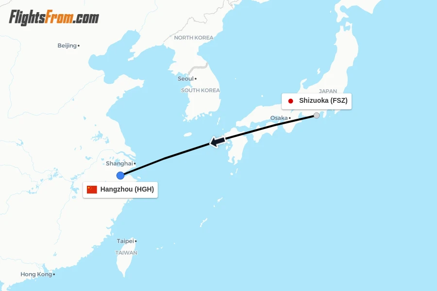 Flights from Shizuoka to Hangzhou route map