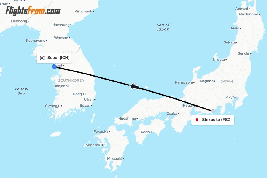Flights from Shizuoka to Seoul route map