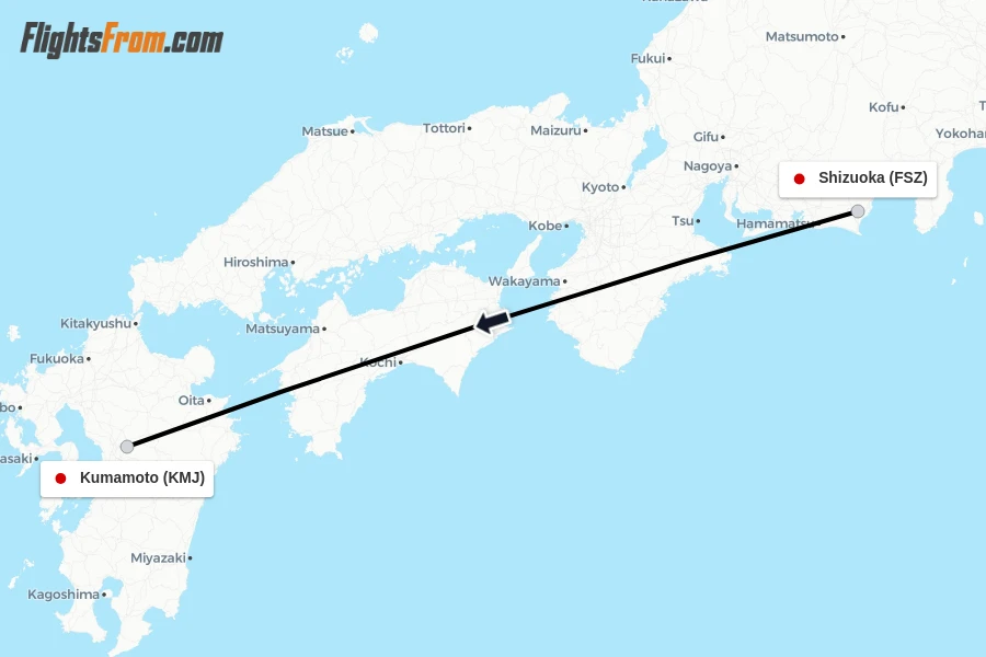 Flights from Shizuoka to Kumamoto route map