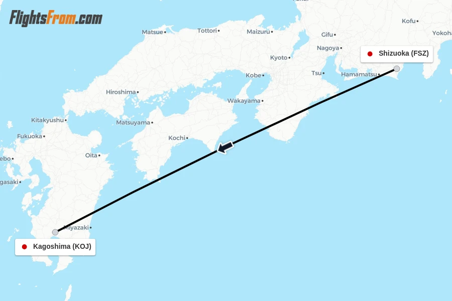 Flights from Shizuoka to Kagoshima route map