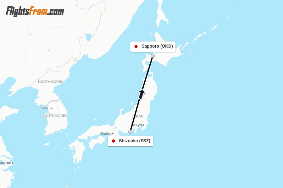 Flights from Shizuoka to Sapporo route map