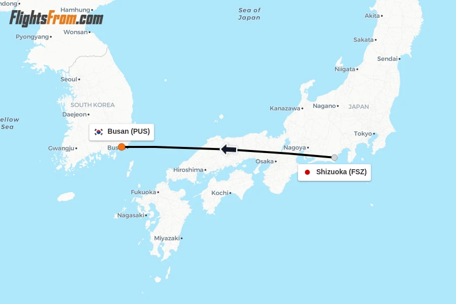 Flights from Shizuoka to Busan route map