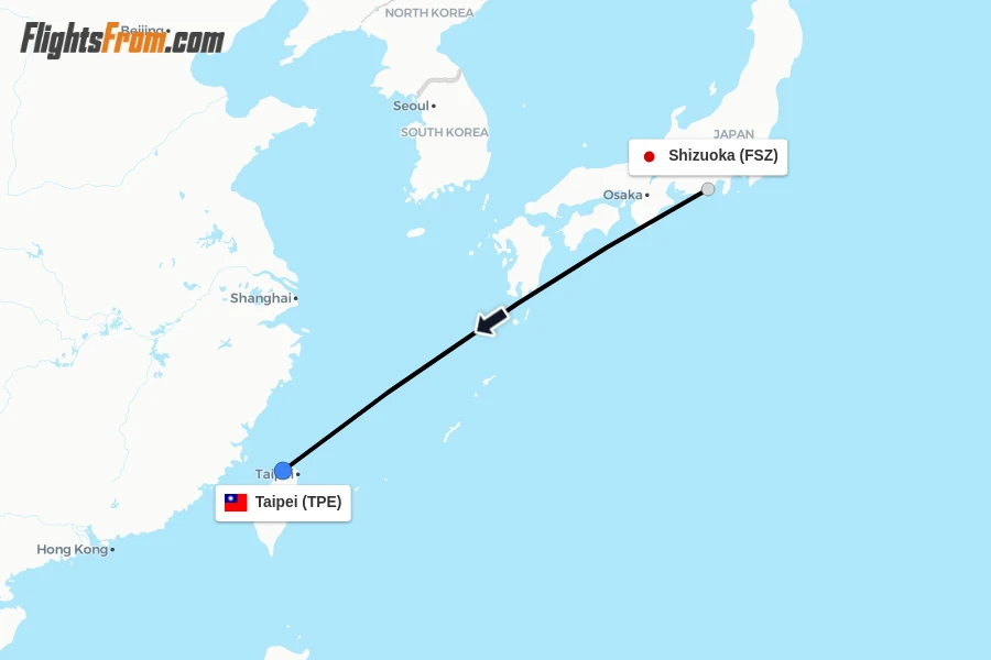 Flights from Shizuoka to Taipei route map