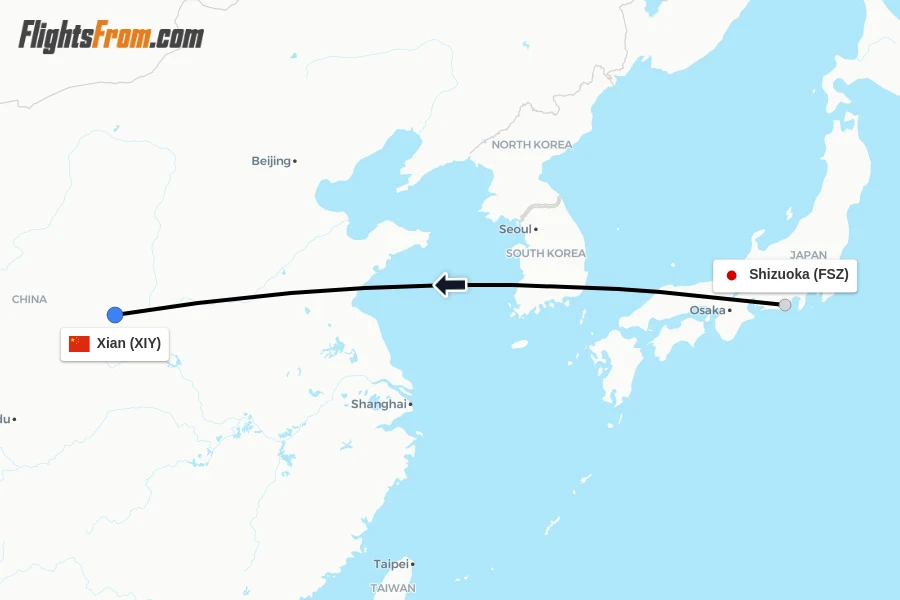 Flights from Shizuoka to Xian route map