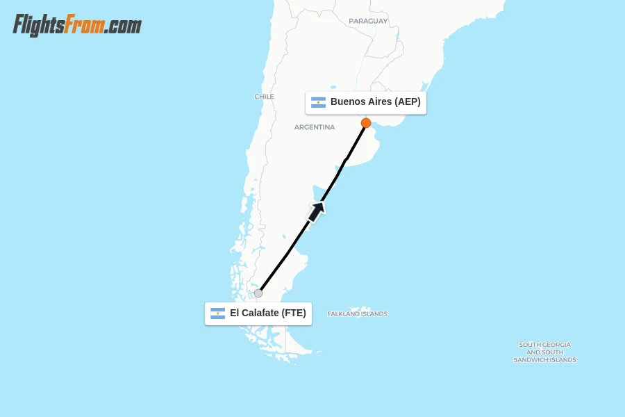 Flights from El Calafate to Buenos Aires route map