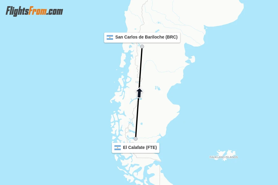 Flights from El Calafate to San Carlos de Bariloche route map