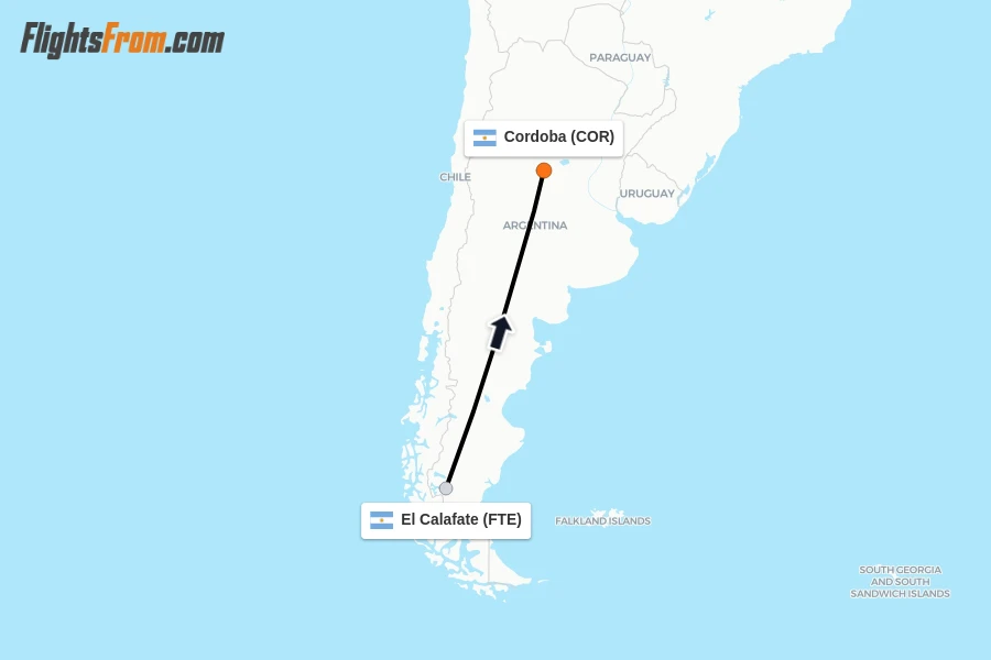 Flights from El Calafate to Cordoba route map