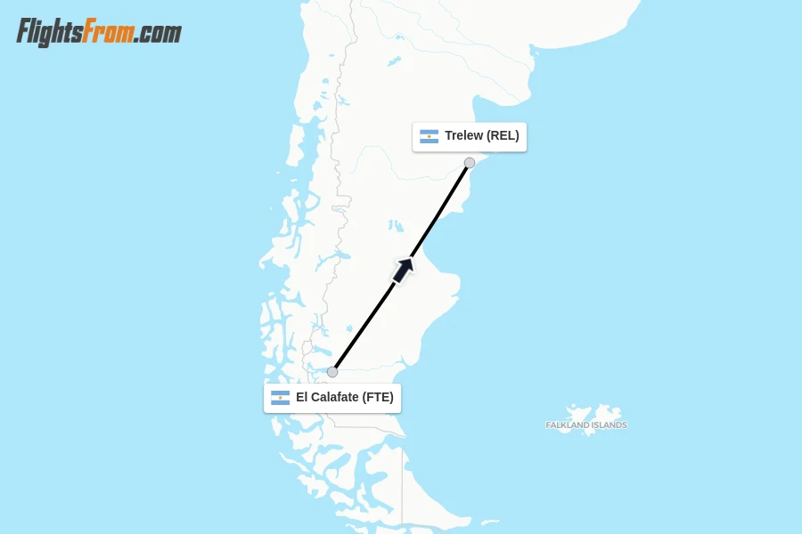 Flights from El Calafate to Trelew route map