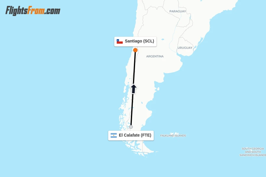 Flights from El Calafate to Santiago route map