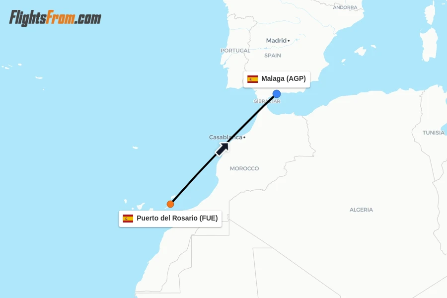 Flights from Puerto del Rosario to Malaga route map