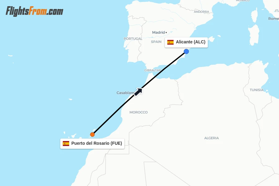 Flights from Puerto del Rosario to Alicante route map
