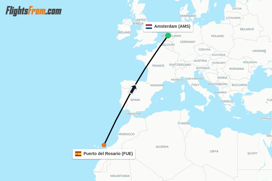 Flights from Puerto del Rosario to Amsterdam route map
