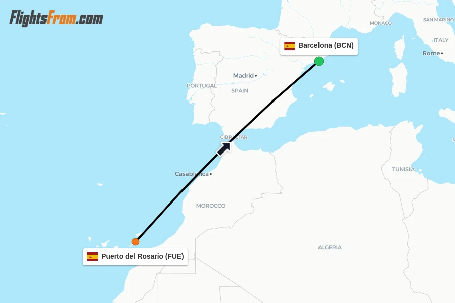 Flights from Puerto del Rosario to Barcelona route map