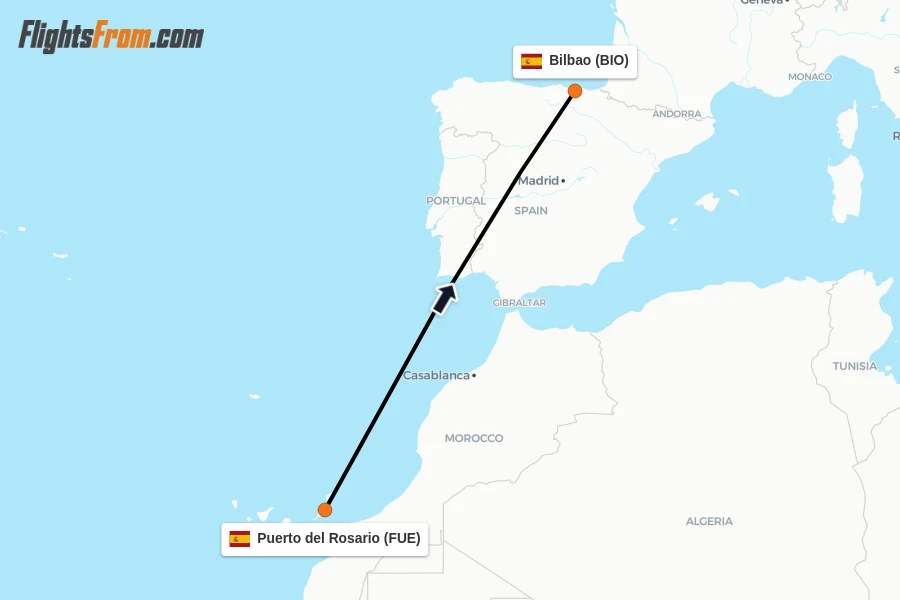 Flights from Puerto del Rosario to Bilbao route map