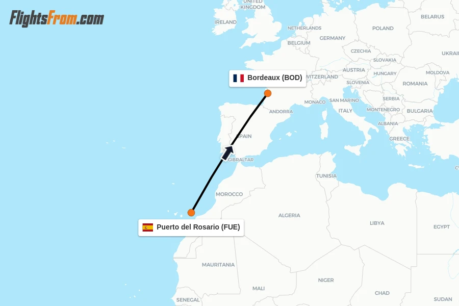 Flights from Puerto del Rosario to Bordeaux route map