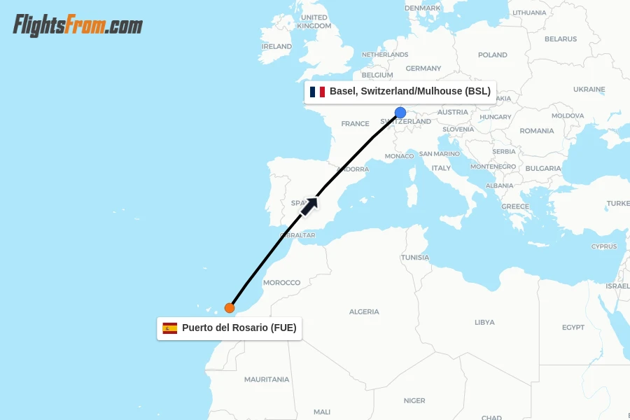Flights from Puerto del Rosario to Basel, Switzerland/Mulhouse route map