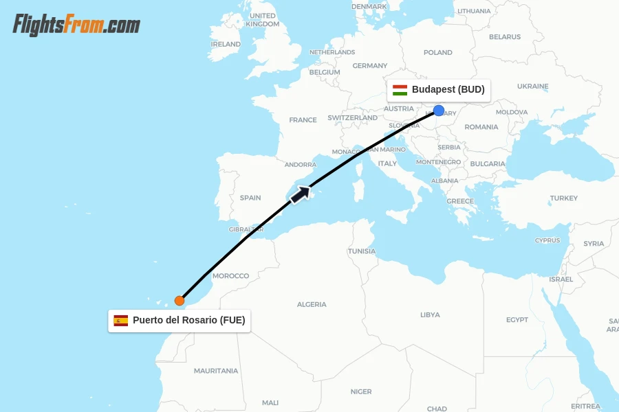 Flights from Puerto del Rosario to Budapest route map