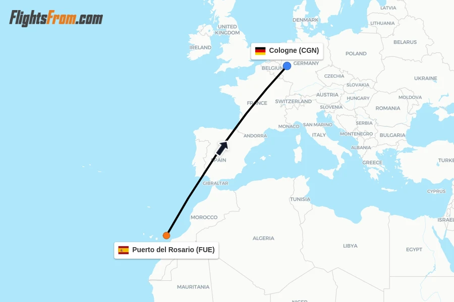 Flights from Puerto del Rosario to Cologne route map