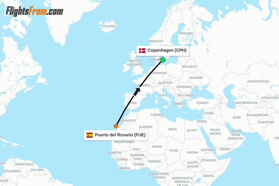 Flights from Puerto del Rosario to Copenhagen route map