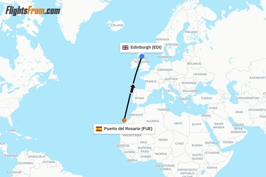 Flights from Puerto del Rosario to Edinburgh route map