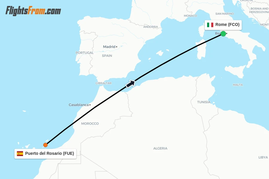 Flights from Puerto del Rosario to Rome route map