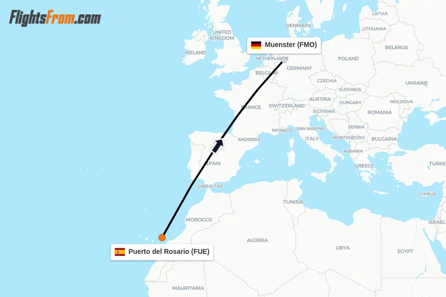 Flights from Puerto del Rosario to Muenster route map