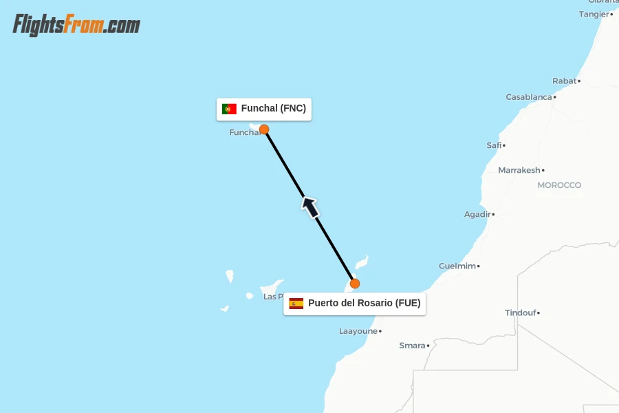 Flights from Puerto del Rosario to Funchal route map