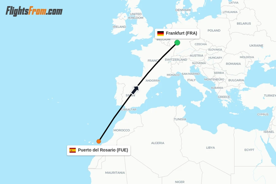 Flights from Puerto del Rosario to Frankfurt route map