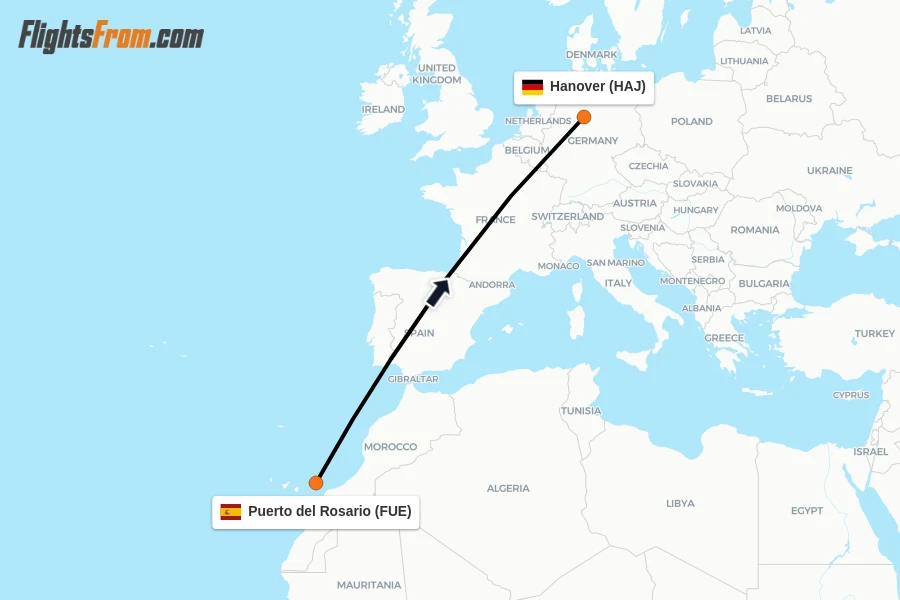 Flights from Puerto del Rosario to Hanover route map