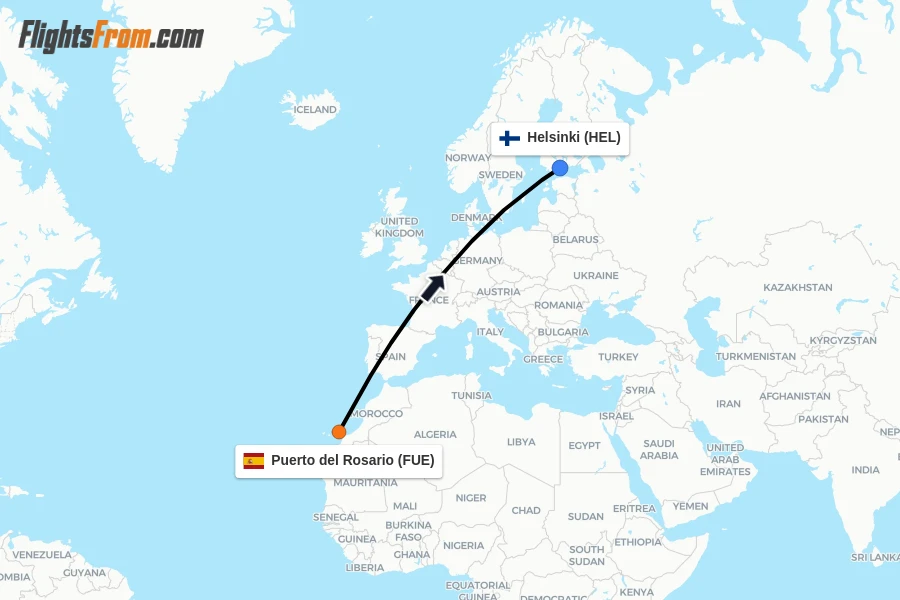 Flights from Puerto del Rosario to Helsinki route map