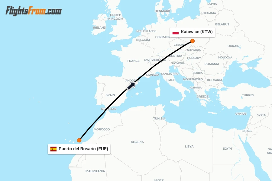 Flights from Puerto del Rosario to Katowice route map