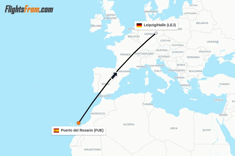 Flights from Puerto del Rosario to Leipzig/Halle route map