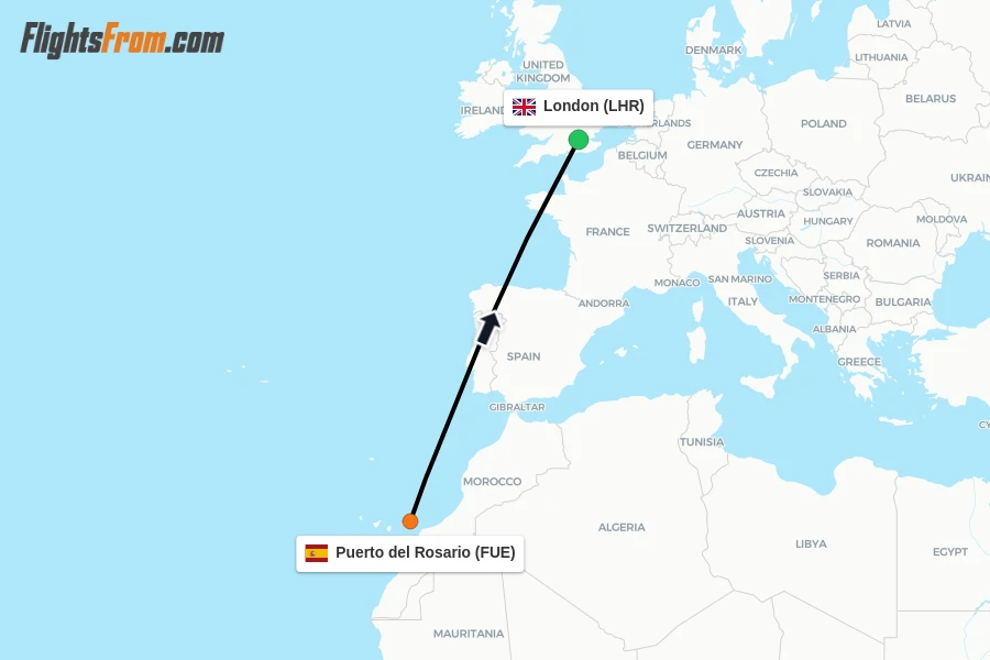 Flights from Puerto del Rosario to London route map
