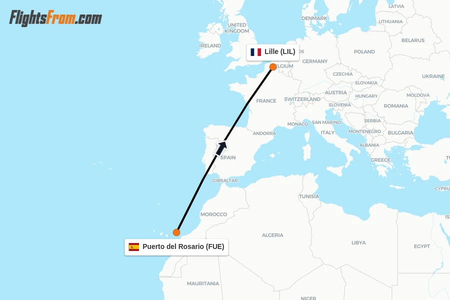 Flights from Puerto del Rosario to Lille route map