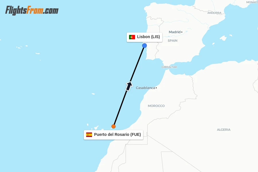 Flights from Puerto del Rosario to Lisbon route map