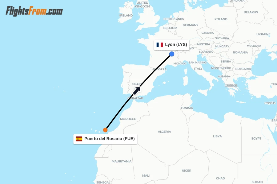 Flights from Puerto del Rosario to Lyon route map
