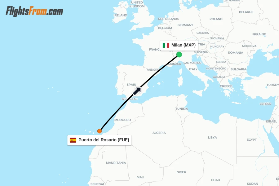 Flights from Puerto del Rosario to Milan route map
