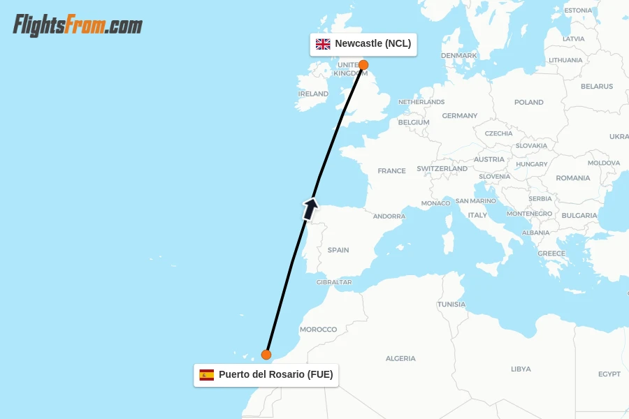 Flights from Puerto del Rosario to Newcastle route map